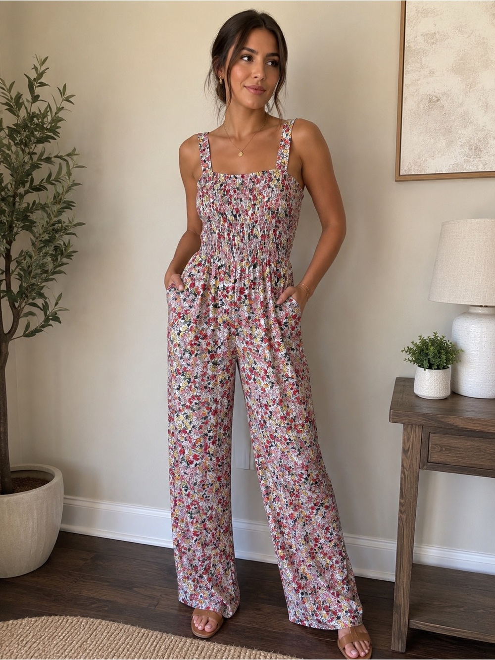 Smocked Floral Wide-Leg Jumpsuit - Pink Multi
